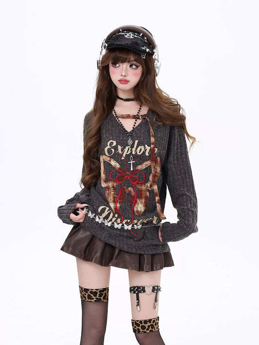 Crazy Girl Butterfly Explorer Purple & Brown Knit Sweater Top - Sugarplum Store