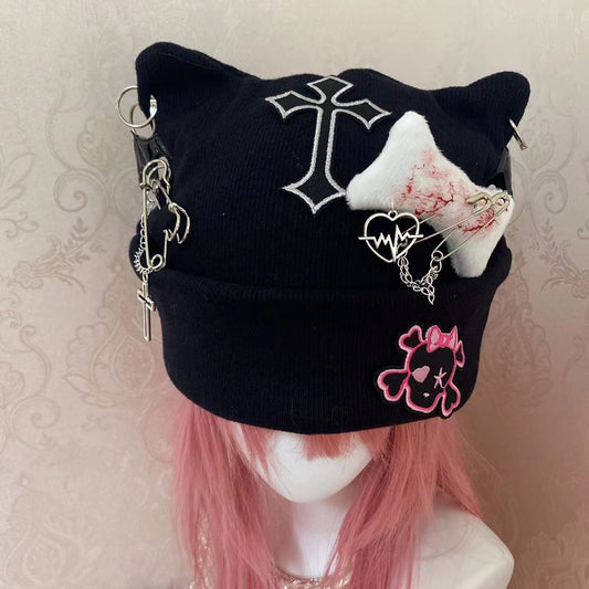 Y2K Goth Punk Handmade Knit Cross Skull Star Bone Cat Ears Winter Hats Beanie