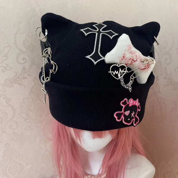 Goth Cat Ear Beanie Hat Punk Y2k Grunge Knitted Streetwear Skullie for Women THESSNCE Goth Cat Beanie Goth Hat Accessories Punk Cat Ear  main image 3