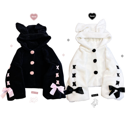 Kitten Bullet Wanted Rabbit Plush Rabbit Ear Button Lace-up Black & White Winter Jacket - Sugarplum Store