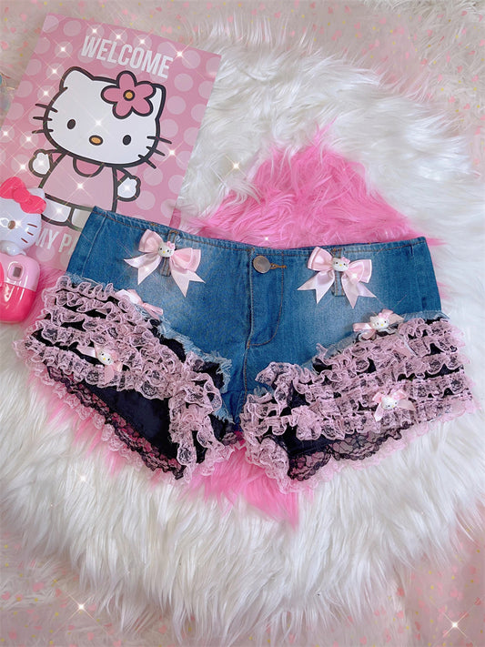 Y2K Hot Girl Lace Kitty Bow Sexy Summer Tight Denim Shorts