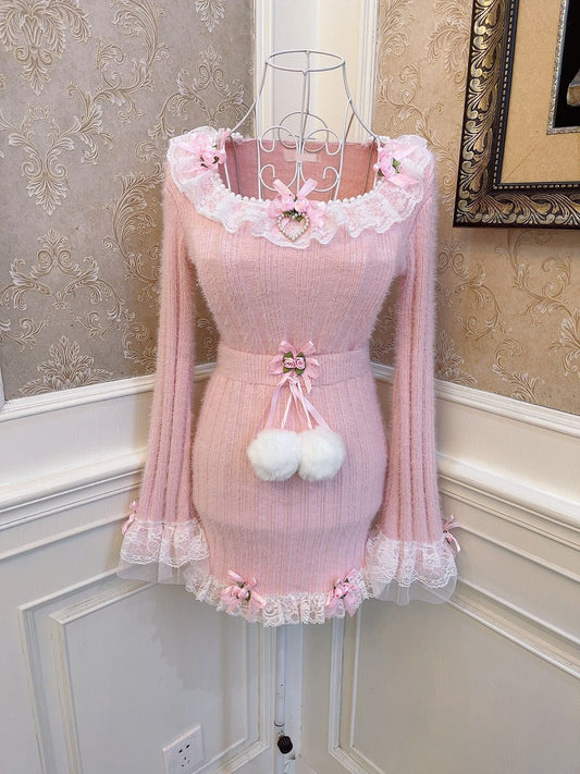 Sweetheart Princess Rose Lace Pink Knit Sweater & Mini Skirt Two Piece Set - Sugarplum Store