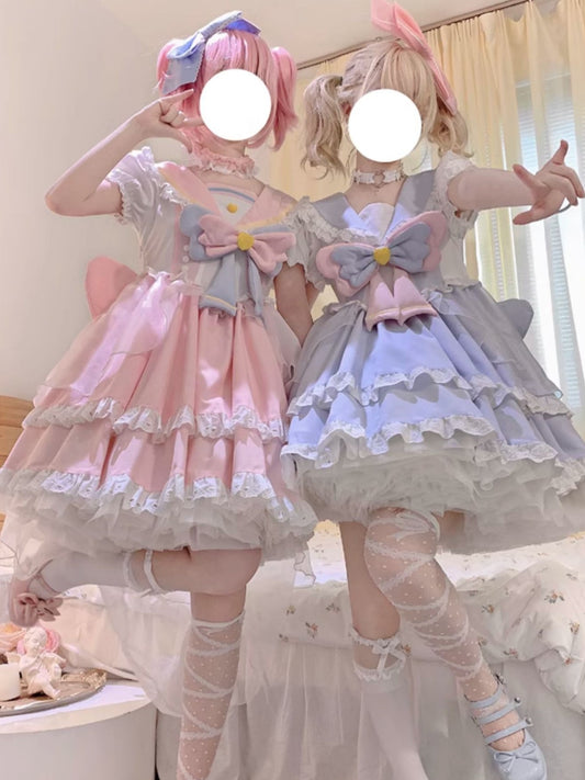 Starlight Sweetheart Magical Girl Anime Pink & Blue Star Sailor Collar Ruffled Lolita Dress