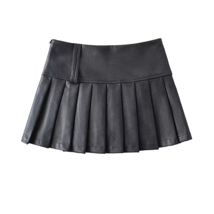 Chic Trendy Winter Brown Black Leather Jacket Skirt Two Piece Set