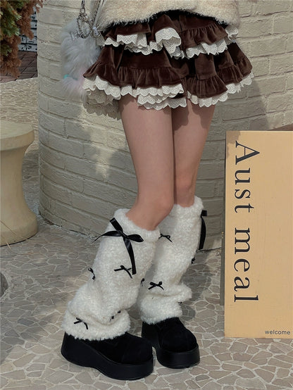 Fluffy Wool Black Bow Coquette White Brown Warm Leg Warmers - Sugarplum Store
