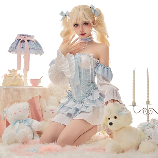 Serendipity Sweet Coquette Princess Blue & White Dress Long Sleeves Girdle Two Piece Set - Sugarplum Store