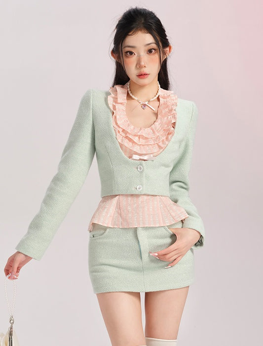 Lucia Classic Coquette Elegant Chic Ruffled Pink Camisole Green Short Jacket Skirt Three Piece Set - Sugarplum Store