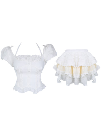 Serendipity Autumn Doll Strap Plush Pompom Balls White Bodycon Dress & Pink Cardigan Two Piece Set main image 1
