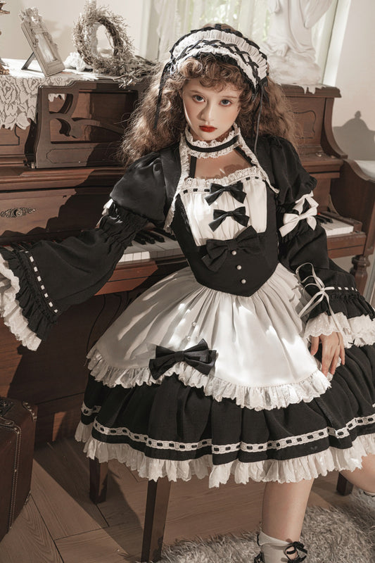 Gothic Dark Maid Cosplay EGL Black White Elegant Bow Dress & Jacket Two Piece Set