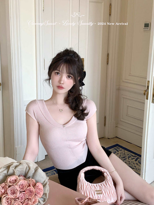 Creamy Sweet Charming Love Pink Black White Slim Fit Shirt Top