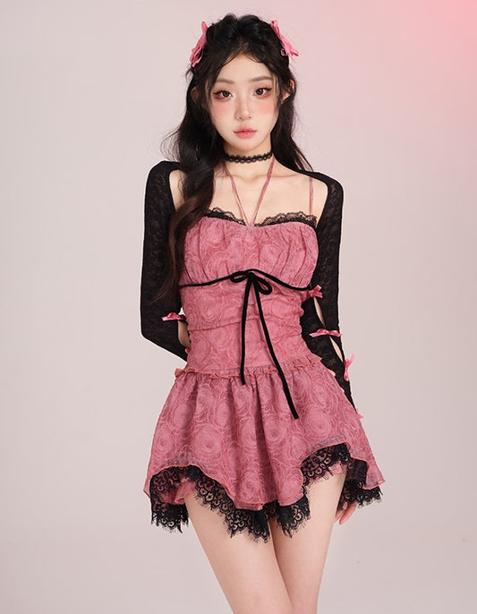 Lucia Floral Rose Pink Strap Short Dress & Black Little Cardigan Two Piece Set