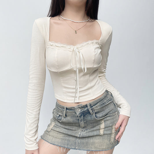 Chic Coquette Square Neck Bow Lace Top Shirt
