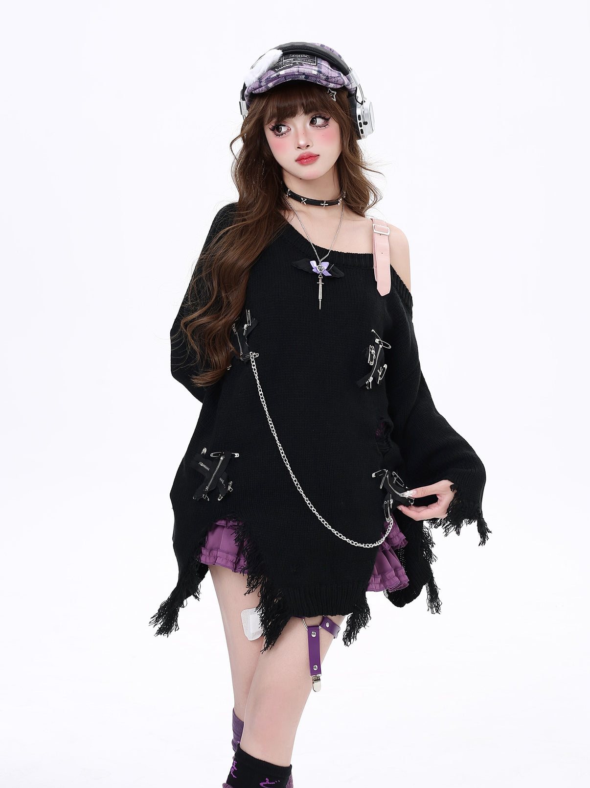 Crazy Girl Moonlight Butterfly Pink Black Fuzzy Sweater