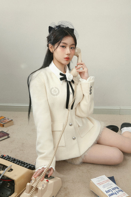 Monet Elegant Chic Winter White Fur Woolen Jacket & Skirt Two Piece Set - Sugarplum Store