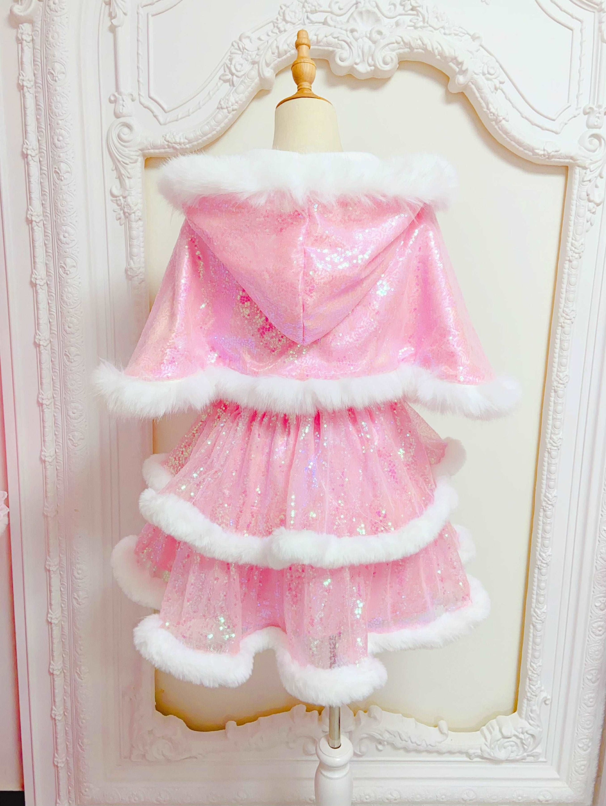 Candy Fairy Winter Princess Pink & White Ruffled Strap Dress & Hooded Cape Cloak Two Piece Set Cape / White Candy Fairy Winter Princess Pink & White Ruffled Strap Dress & Hooded Cape Cloak Two Piece Set Cape / White