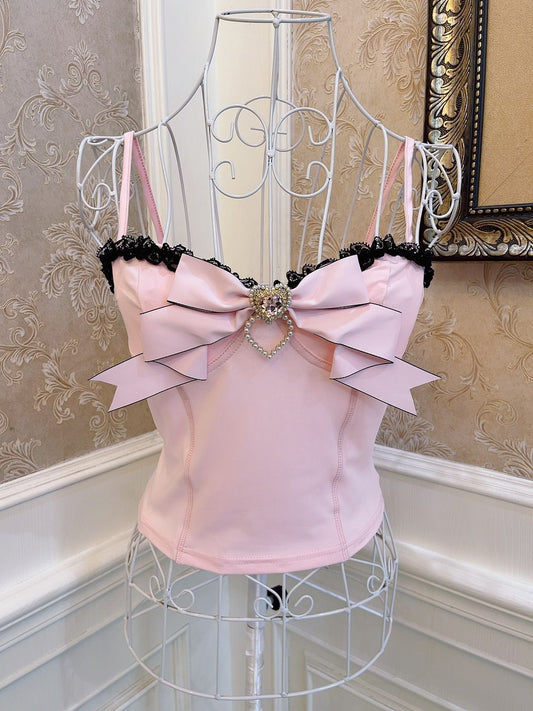 Sweetheart Princess Balletcore Pink Bow Slim Fit Camisole Top - Sugarplum Store