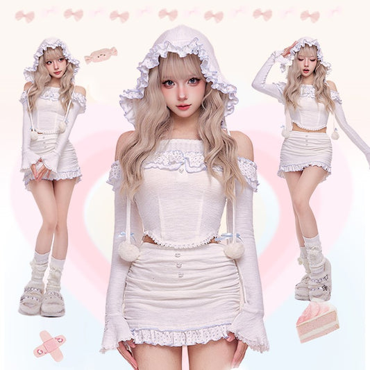 Serendipity Autumn Blue Bell Polka Dot Ruffled White Off Shoulder Shirt & Skirt & Hat Three Piece Set - Sugarplum Store