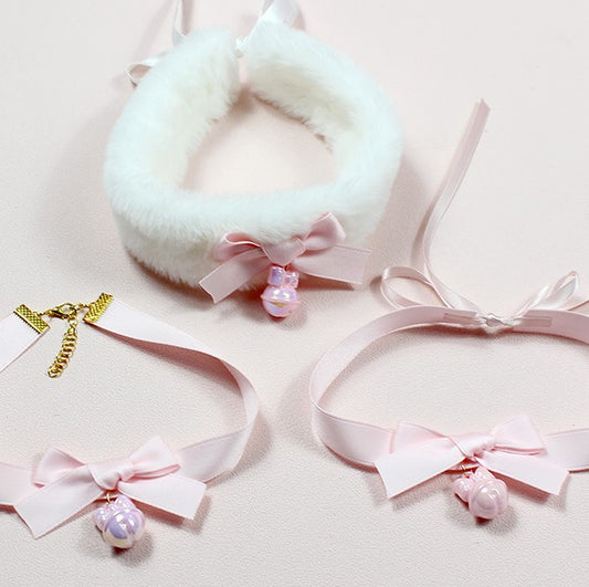 Lolita EGL White Plush Pink Bow Cat Neko Bell Collar Necklaces Choker