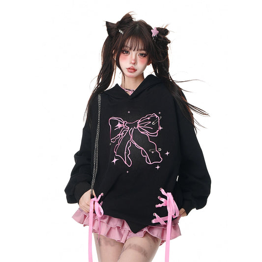 Young Eyes Sweet Bow Ribbon Black Pink Pullover Hoodie - Sugarplum Store