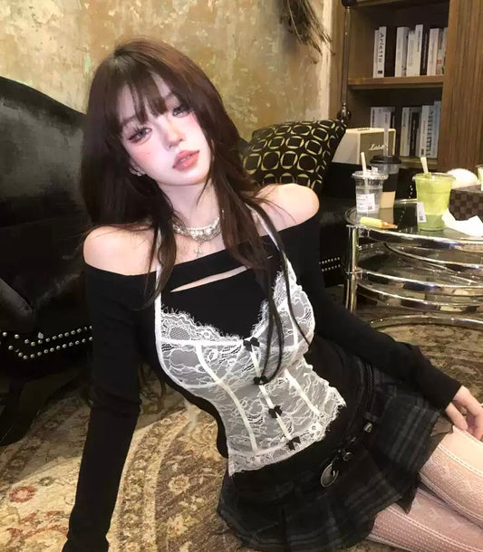 Young Eyes Ballet Desire White Black Lace Top - Sugarplum Store