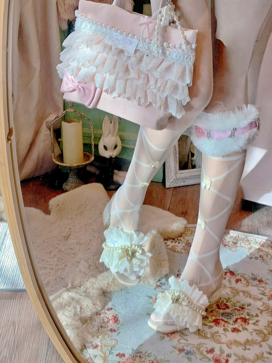 Pastel-themed outfit with ruffled elements in a decorative room.