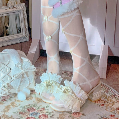 Pinky Elegant Pearl Lace Beige Heeled Sandals