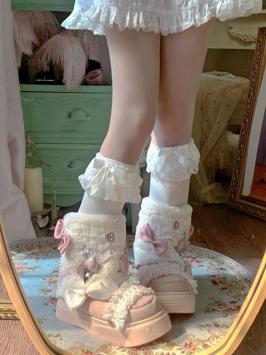Pastel-colored platform shoes with ruffles and bows worn by a person in a vintage-style room.