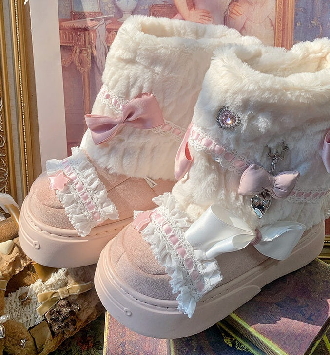 Decorative shoes with bows and embellishments on a decorative surface