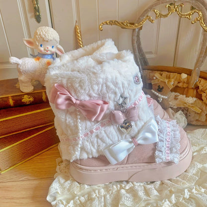 Pink sneaker with decorative bows and lace on a textured surface.