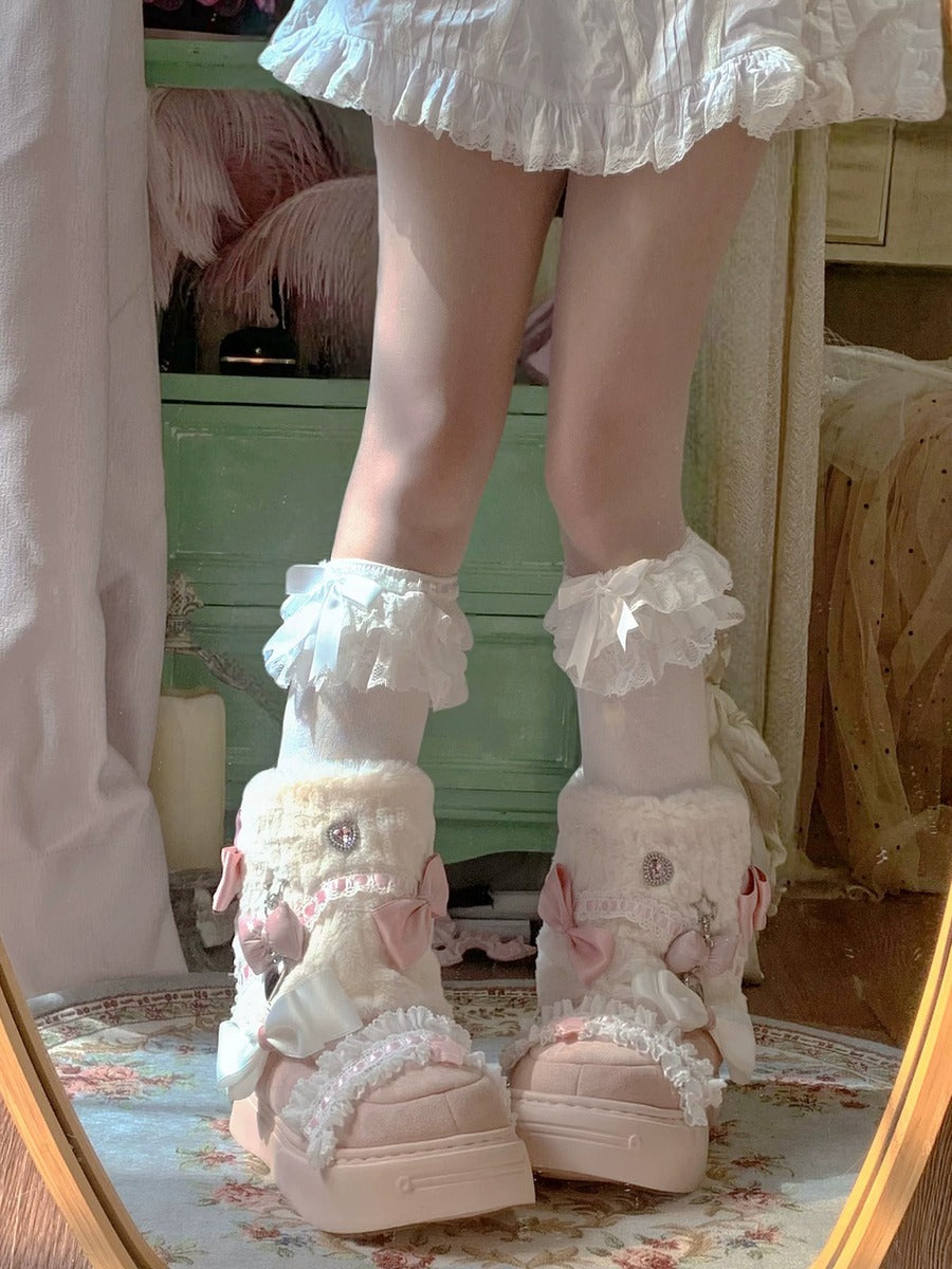 Person wearing decorative platform shoes with ruffles in a room setting.