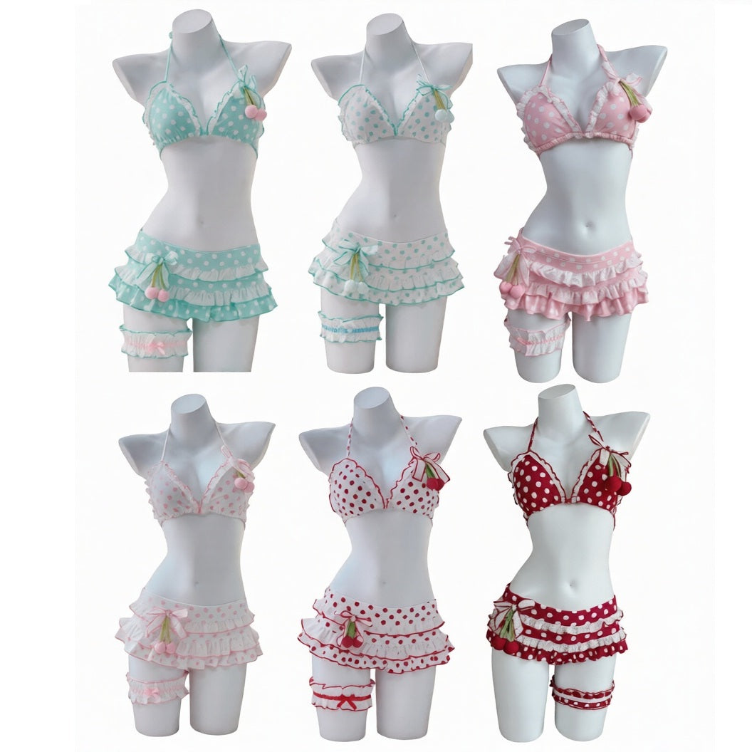 Set of women's lingerie on mannequins with pastel and red patterns.