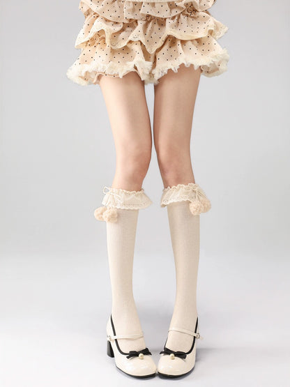 Legs wearing white knee-high socks with ruffles and a polka dot skirt on a gray background