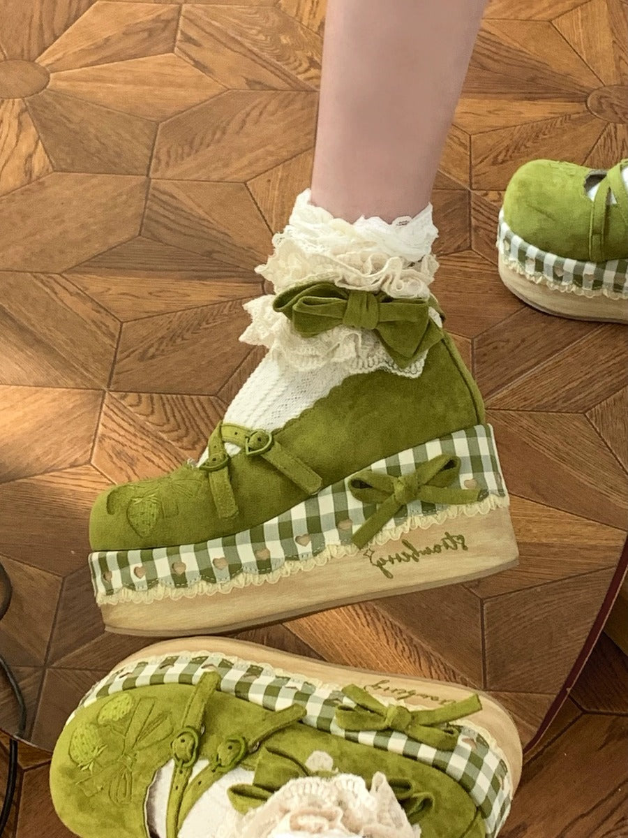 Cottagecore Green checkered shoes with bows on a wooden floor