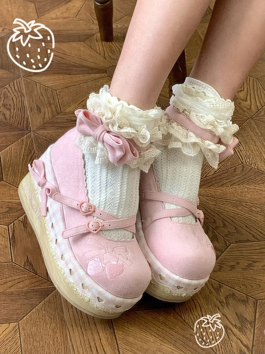 Cottagecore Pink shoes with ruffles and bows on a wooden floor