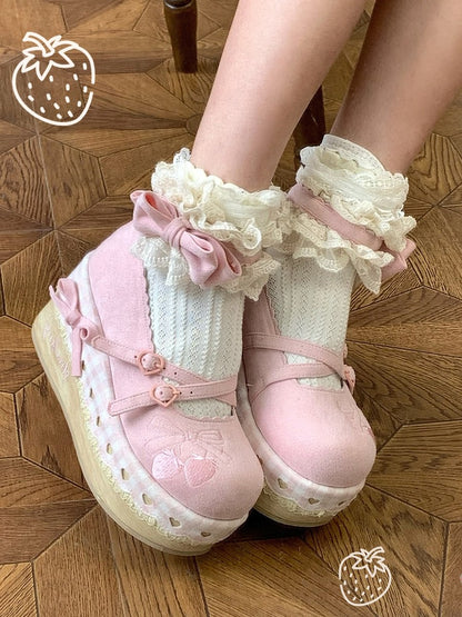 Cottagecore Pink shoes with ruffles and bows on a wooden floor