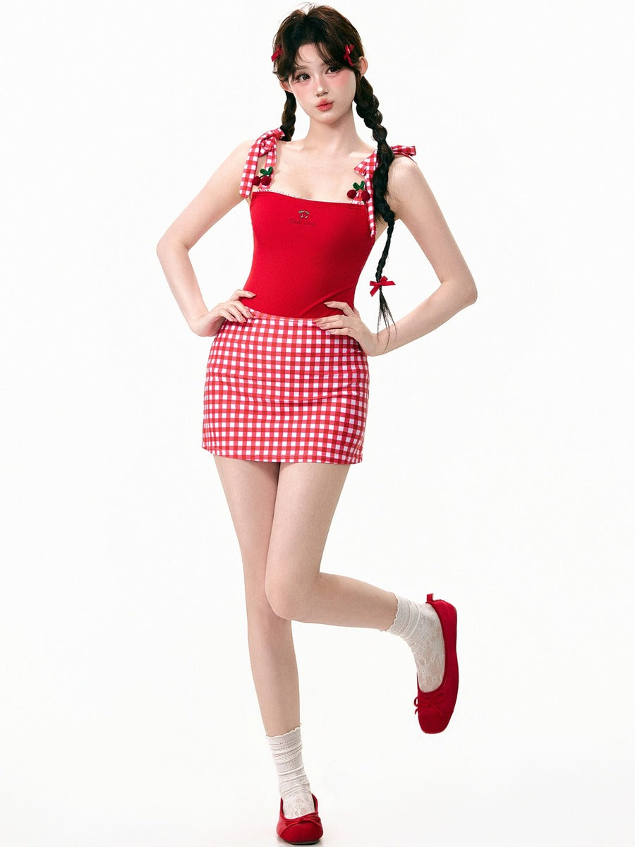 Red Cherry One Piece Skirt Swimsuit