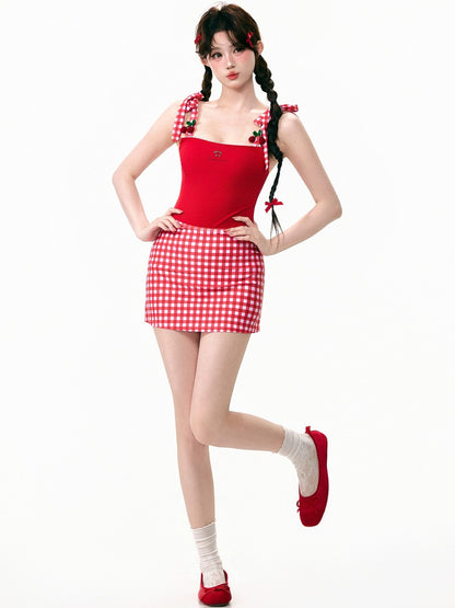 Red Cherry One Piece Skirt Swimsuit