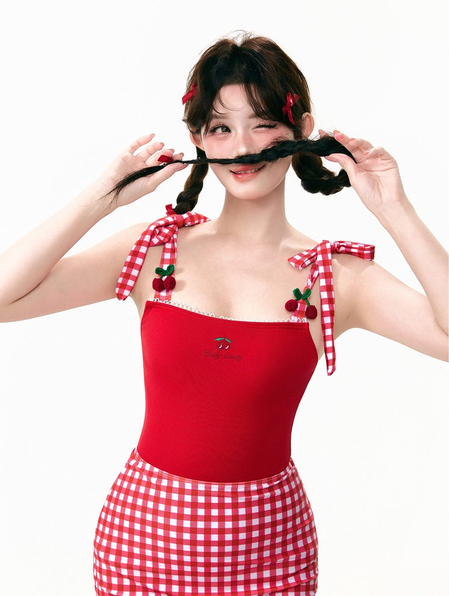 Red Cherry One Piece Skirt Swimsuit