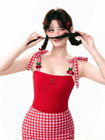 Red Cherry One Piece Skirt Swimsuit