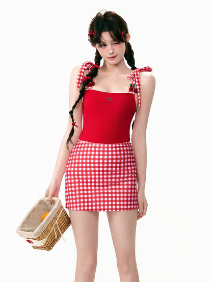 Red Cherry One Piece Skirt Swimsuit