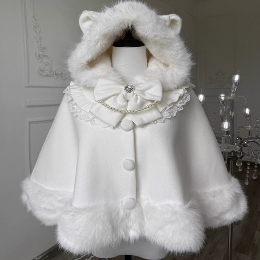 Rice Peach Plush Cat Ears Hooded Pink Blue White Cape Cloak