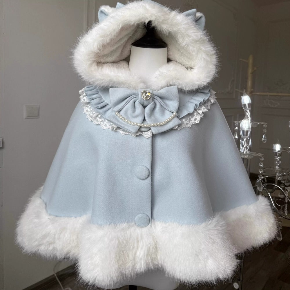 Rice Peach Plush Cat Ears Hooded Pink Blue White Cape Cloak