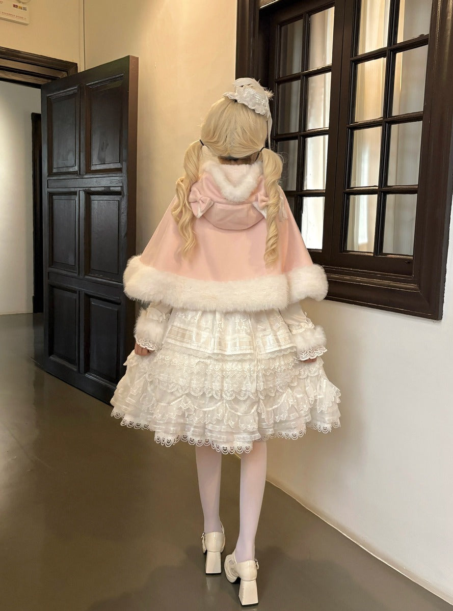 Rice Peach Plush Cat Ears Hooded Pink Blue White Cape Cloak