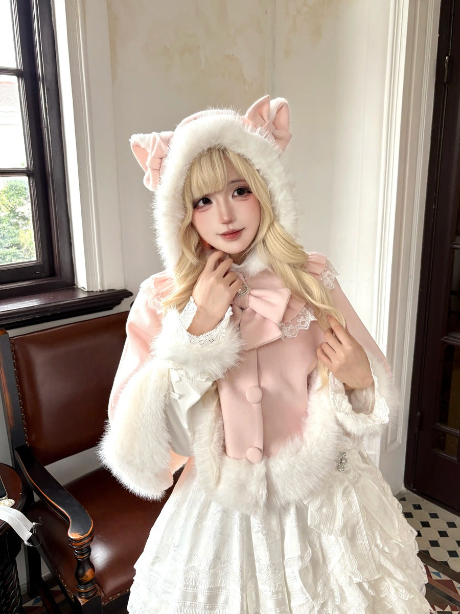 Rice Peach Plush Cat Ears Hooded Pink Blue White Cape Cloak