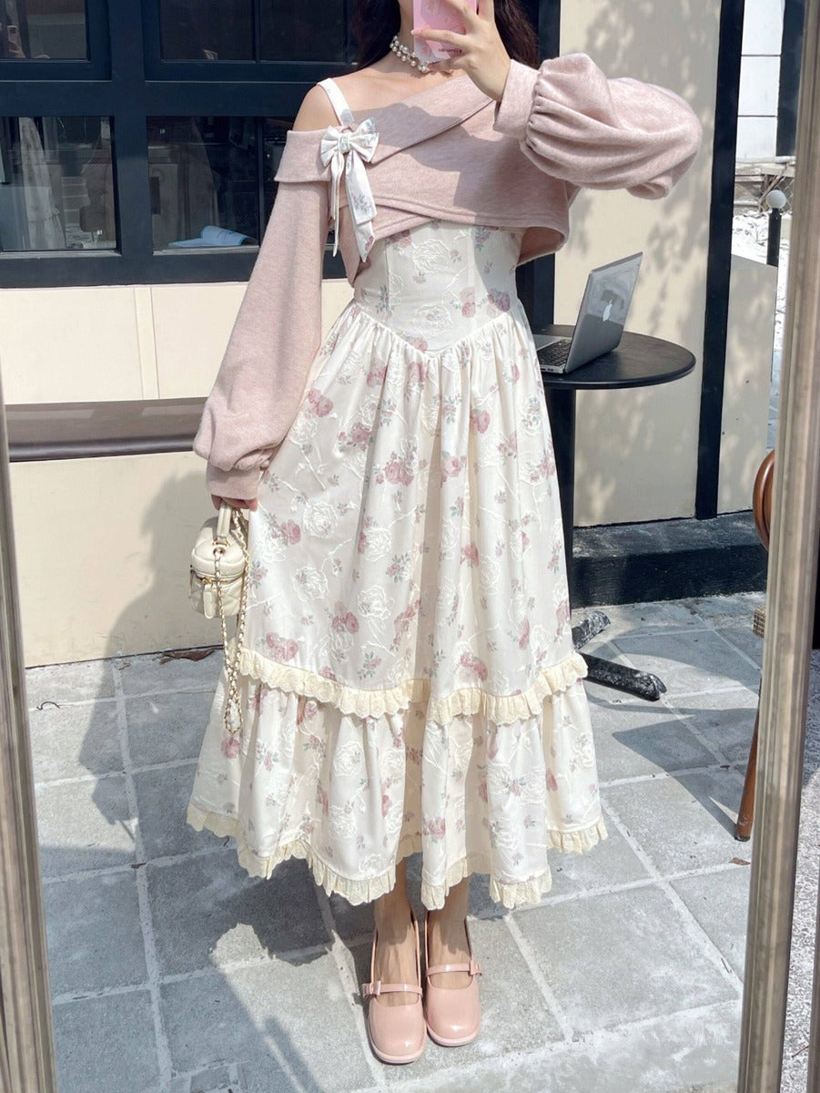 Ruellia Rose Floral Princess Strap Dress Jacket Two Piece Set