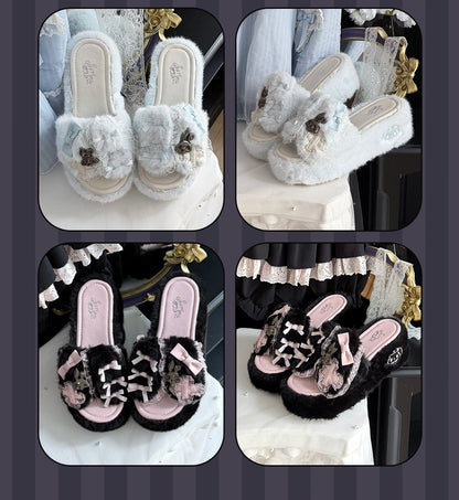 A four-panel collage showing different color variants of fluffy platform slide sandals. The sandals feature thick plush uppers with bows and decorative embellishments, shown in white, light blue, black, and black-pink combinations on display stands.