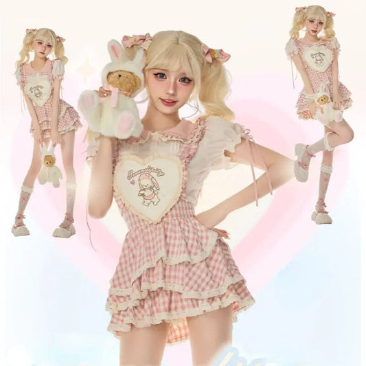 Serendipity Souffle Summer Gingham Pink Shirt BlouseTop & Suspender Dress Maid Two Piece Set - Sugarplum Store