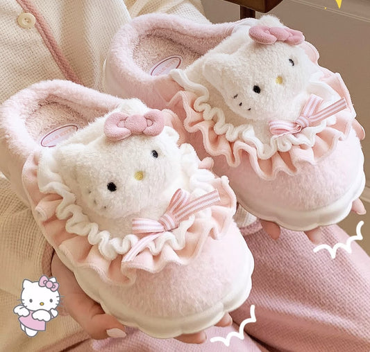 Kitty Cat Cinnamon Dog Melody Purple Devil Pompom Bow Winter Thick Plush Slippers Shoes