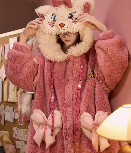 Marie Cat Dark Pink Thick Plush Fleece Winter Pajamas Hooded Bathrobe & Pants