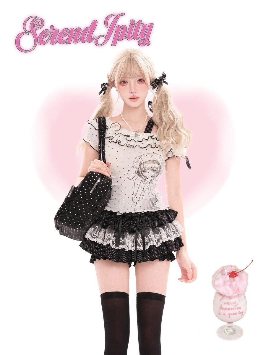 Person wearing a black and white outfit with ruffles, holding a polka dot bag, against a pink background